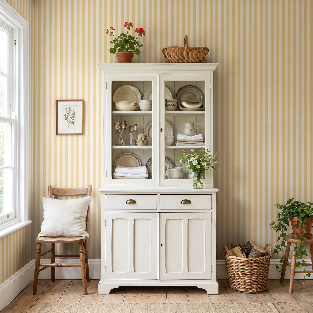 Modelo Della, papel pintado de rayas albaricoque y crema, a escala pequeña en cocina rústica de estilo cottagecore con gran ventanal, una alacena de madera con menaje del hogar, silla de madera y alegres macetas.