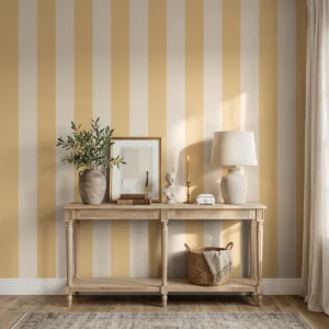 Modelo Della, papel pintado de rayas albaricoque y crema, a escala maxi en entrada con consola de madera rústica con elementos decorativos.