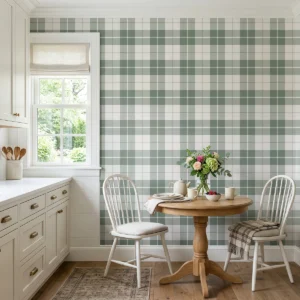 Modelo Oscar, papel pintado tartán clásico oliva y blanco lino, a escala mediana en cocina de estilo cottage con mesa redonda de comedor, sillas y una gran ventana.