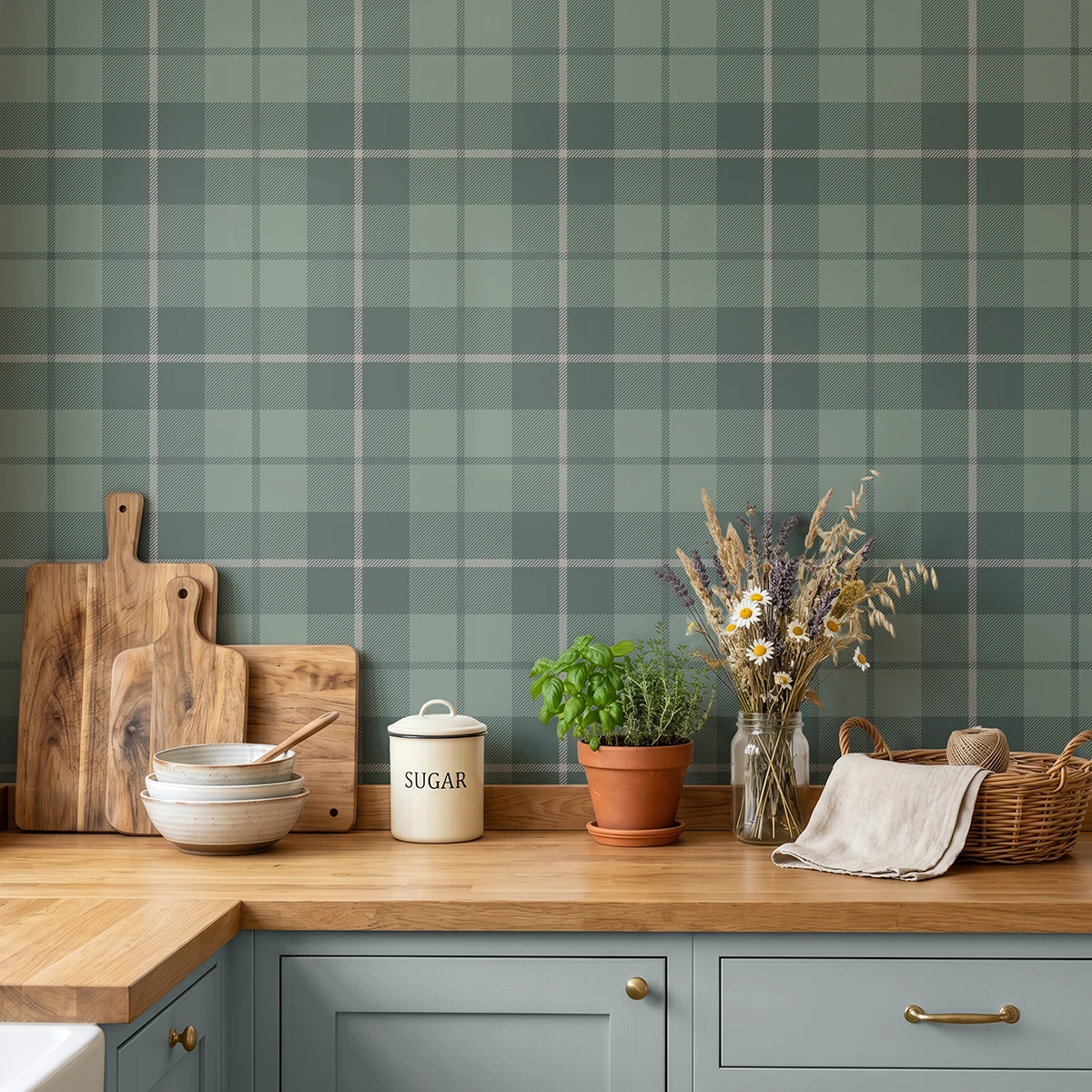 Modelo Oscar, papel pintado tartán verde bosque y gris, a escala mediana en cocina rústica con encimera de madera, sobre la cual aparecen utensilios de cocina y un tarro de cristal con flores silvestres..