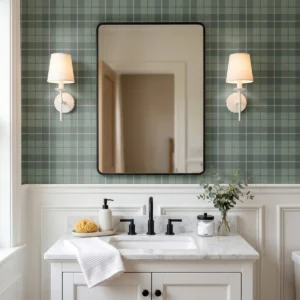 Modelo Oscar, papel pintado tartán verde bosque y gris, a escala pequeña en baño clásico con mueble de lavabo y espejo cuadrado a cuyos lados se sitúan unos apliques de luz clásicos y elegantes..