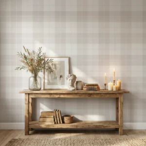 Modelo Oscar, papel pintado tartán beige, a escala mediana en entrada con banco rústico de madera con varios elementos decorativos como libros, un jarrón con flores silvestres y velas aromáticas.