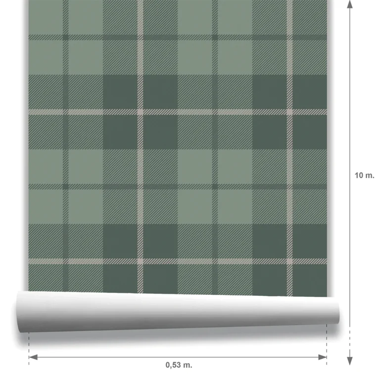 Modelo Muestra Oscar, papel pintado tartán verde bosque y gris, a escala mediana.