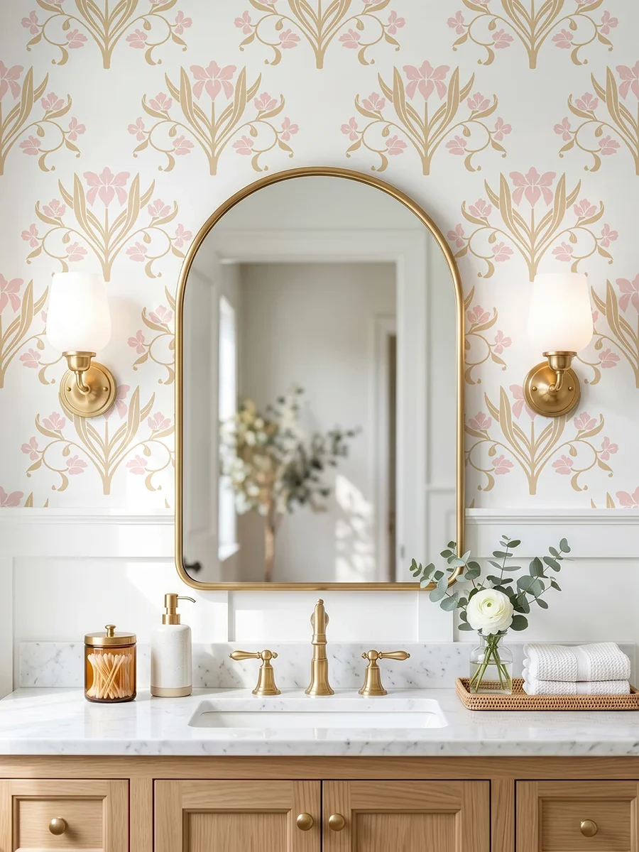 Liria, papel pintado floral mostaza suave y rosa empolvado, a escala grande en baño elegante con mueble de lavabo, espejo de arco y apliques de pared.