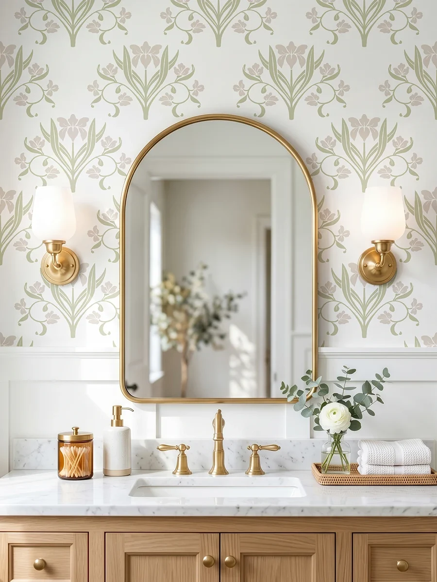 Liria, papel pintado floral verde salvia y gris lino, a escala grande en baño elegante con mueble de lavabo, espejo de arco y apliques de pared.