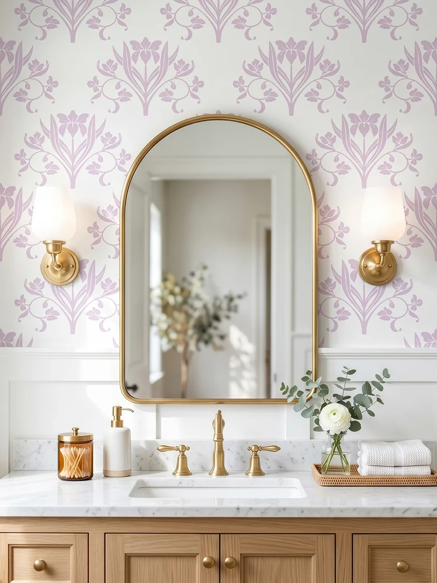 Liria, papel pintado floral lavanda y blanco, a escala grande en baño elegante con mueble de lavabo, espejo de arco y apliques de pared.