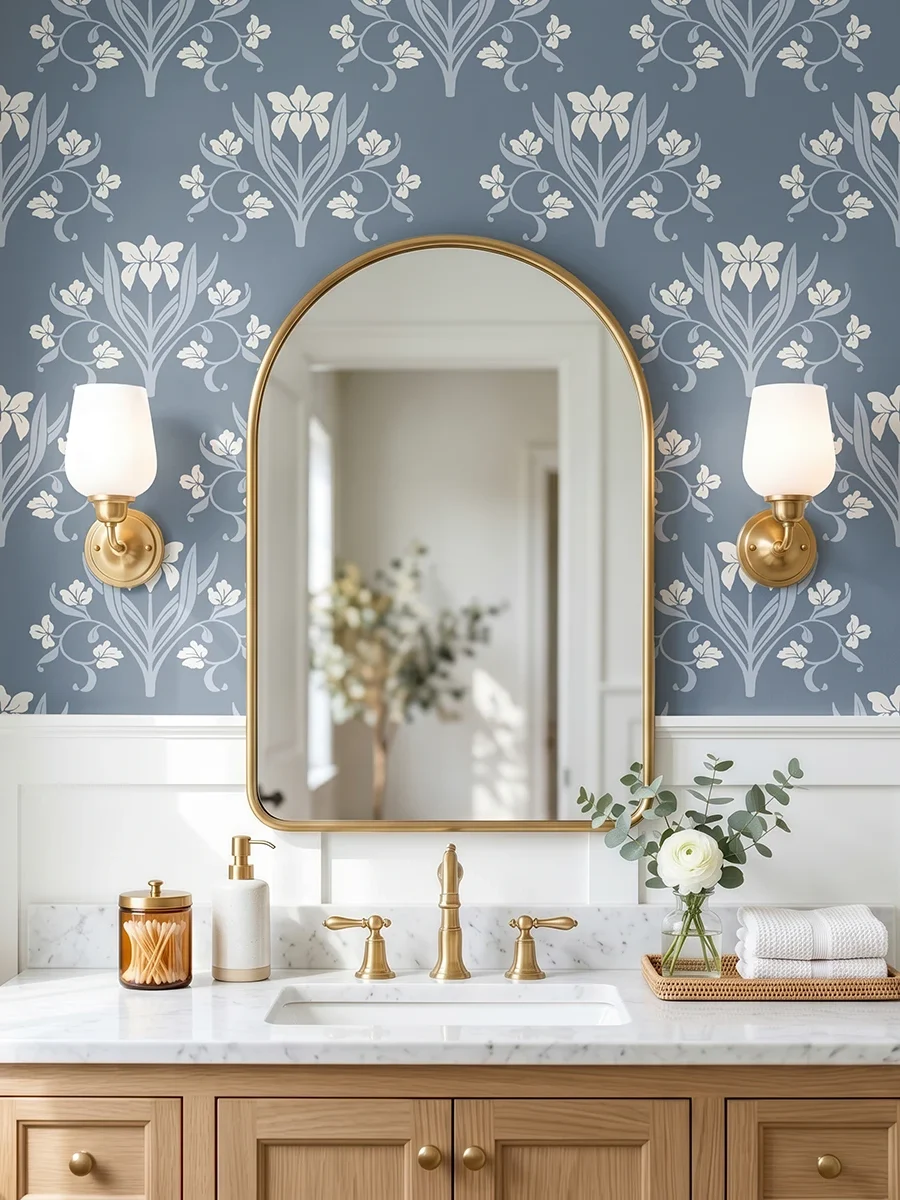 Liria, papel pintado floral azul noche y blanco roto, a escala grande en baño elegante con mueble de lavabo, espejo de arco y apliques de pared.