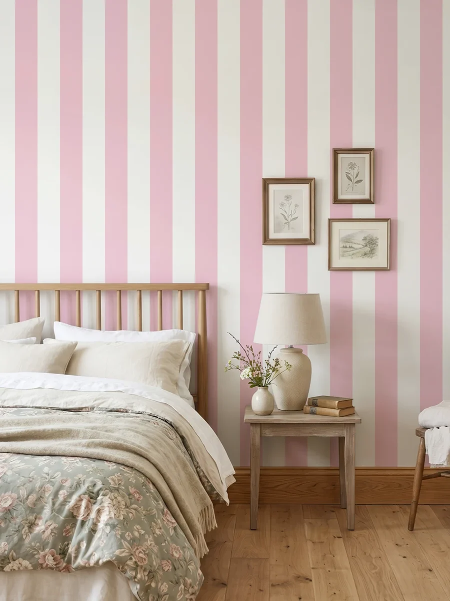 Modelo Della, papel pintado de rayas rosa rubor y blanco, a escala grande en dormitorio con cama, mesilla, butaca y elementos decorativos junto a la zona de descanso.