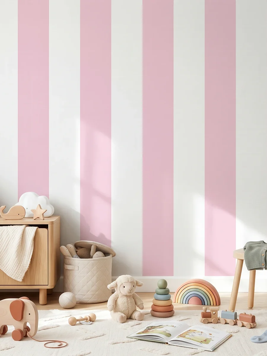 Modelo Della, papel pintado de rayas rosa rubor y blanco, a escala maxi en habitación infantil luminosa y ordenada con una decoración en tonos neutros y madera clara, con un mueble bajo de madera con libros, un taburete pequeño, cestas de almacenamiento y varios juguetes esparcidos sobre una alfombra clara con un patrón suave, creando un ambiente acogedor y moderno.