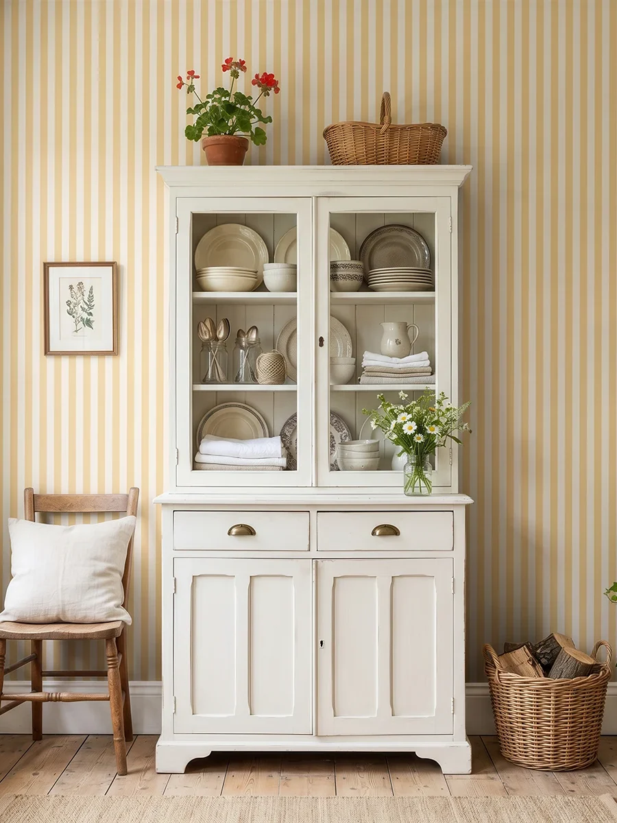 Modelo Della, papel pintado de rayas albaricoque y crema, a escala pequeña en cocina rústica de estilo cottagecore con gran ventanal, una alacena de madera con menaje del hogar, silla de madera y alegres macetas.