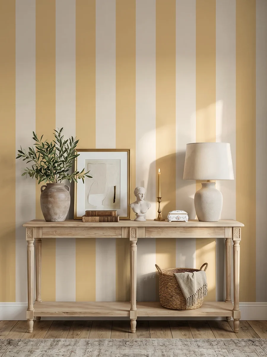 Modelo Della, papel pintado de rayas albaricoque y crema, a escala maxi en entrada con consola de madera rústica con elementos decorativos.