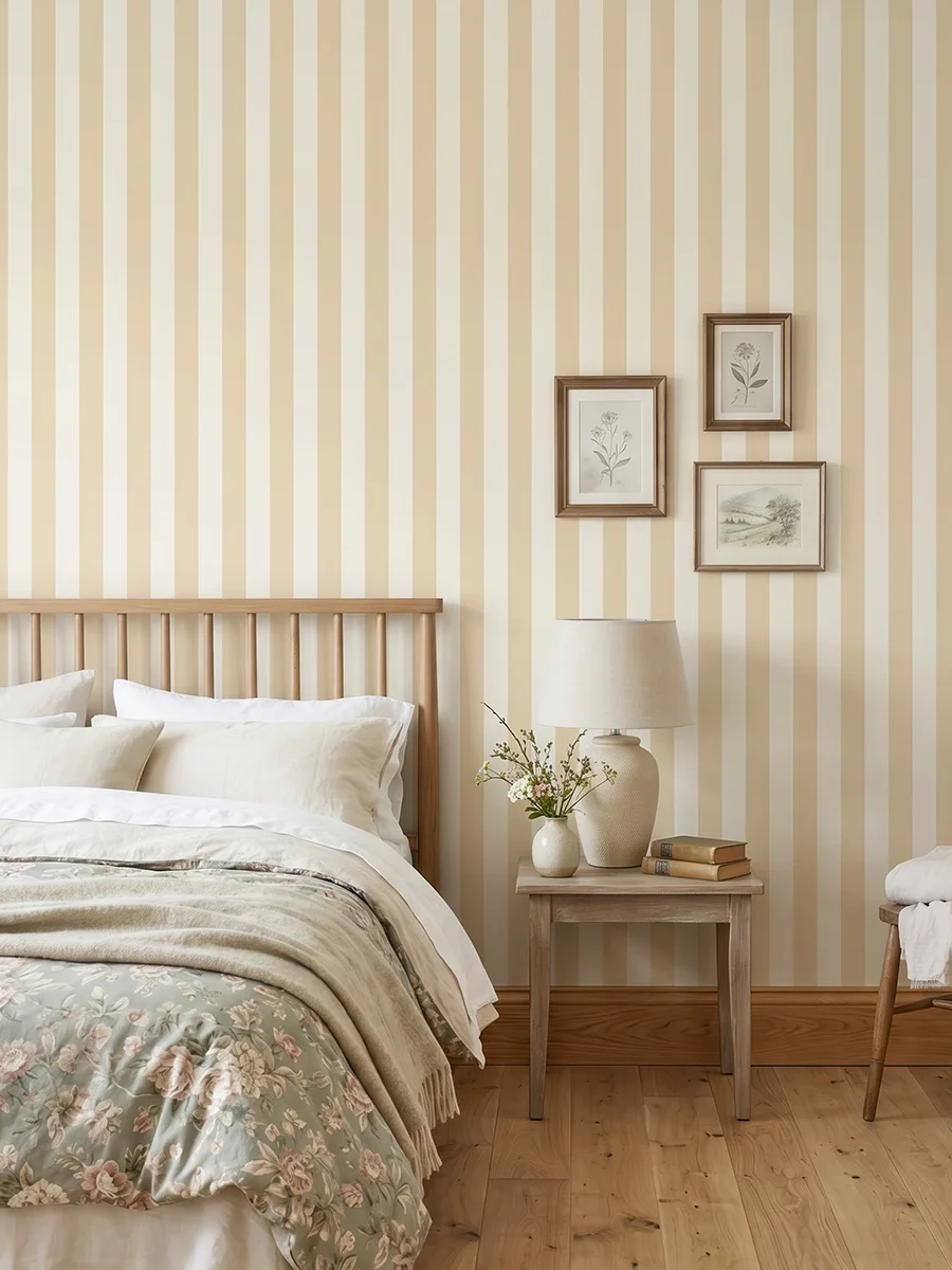 Modelo Della, papel pintado de rayas arena suave y marfil, a escala mediana en dormitorio con cama, mesilla, butaca y elementos decorativos junto a la zona de descanso.