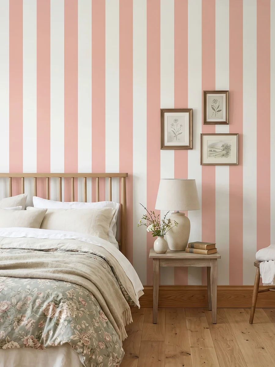 Modelo Della, papel pintado de rayas coral suave y blanco, a escala grande en dormitorio con cama, mesilla, butaca y elementos decorativos junto a la zona de descanso.