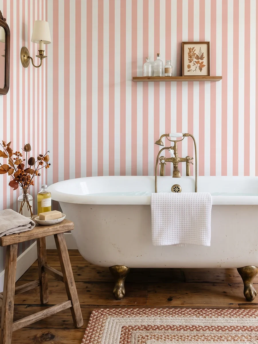Modelo Della, papel pintado de rayas coral suave y blanco, a escala mediana en baño elegante y vintage con una bañera exenta de estilo clásico con patas de bronce, suelo de madera rústica, un pequeño taburete de madera con accesorios de baño y un aplique de luz clásico.