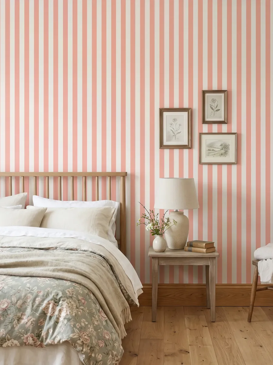 Dormitorio rústico con papel pintado a rayas, coral y blanco roto de Villette