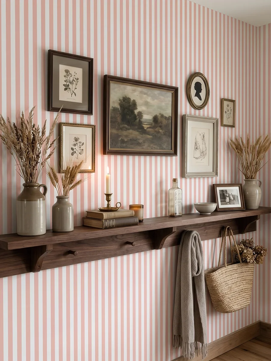 Modelo Della, papel pintado de rayas coral suave y blanco, a escala pequeña en recibidor de estilo rústico con consola de madera flotante y pared decorada con cuadros y elementos decorativos campestres.