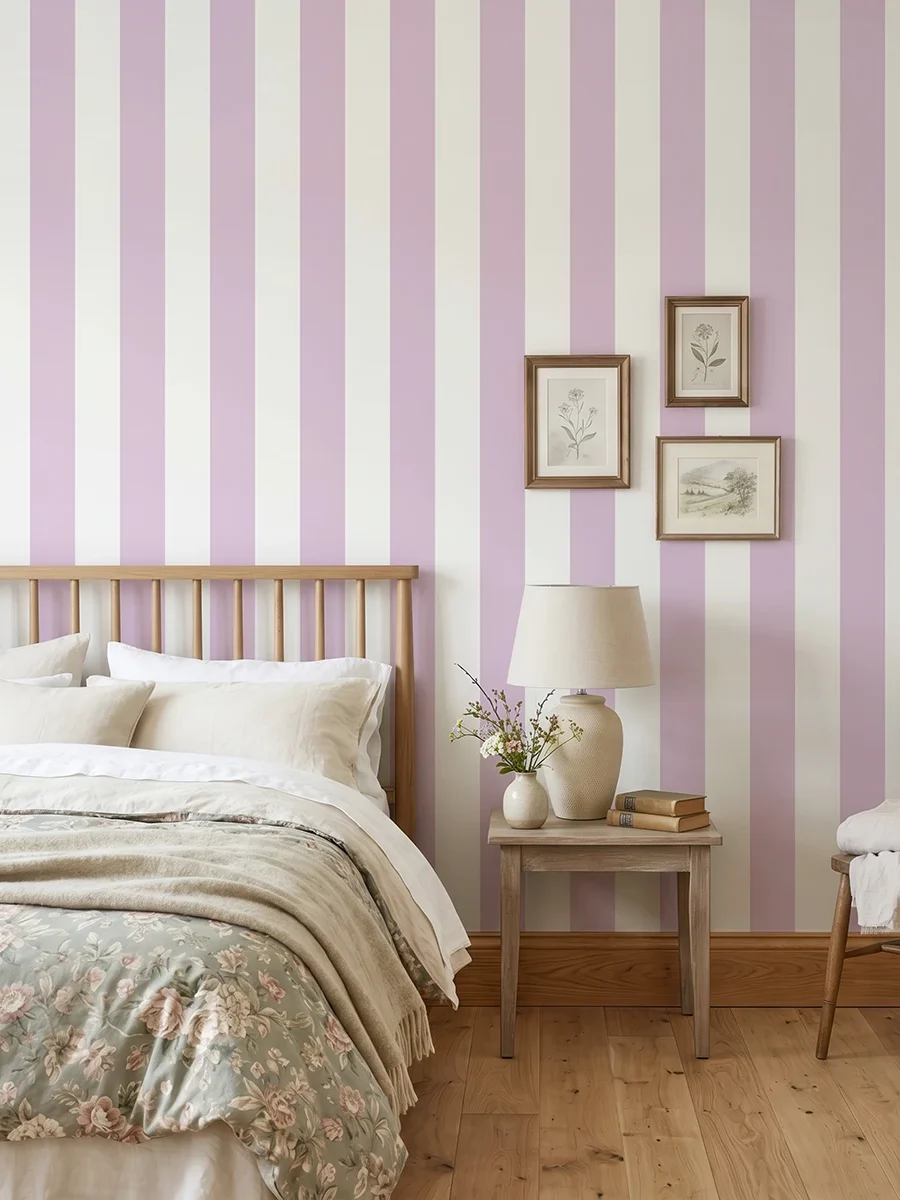 Modelo Della, papel pintado de rayas lavanda y blanco, a escala grande en dormitorio con cama, mesilla, butaca y elementos decorativos junto a la zona de descanso.