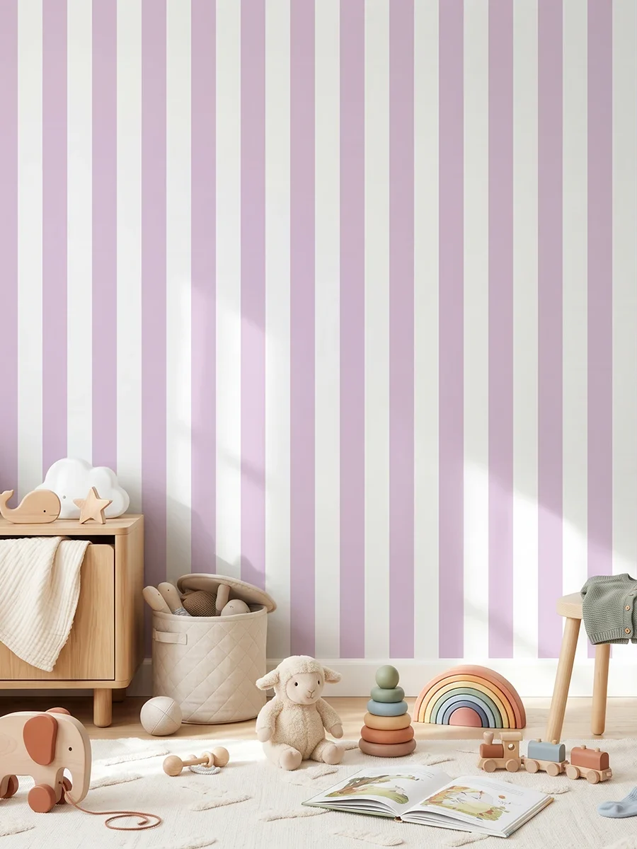 Modelo Della, papel pintado de rayas lavanda y blanco, a escala mediana en habitación infantil luminosa y ordenada con una decoración en tonos neutros y madera clara, con un mueble bajo de madera con libros, un taburete pequeño, cestas de almacenamiento y varios juguetes esparcidos sobre una alfombra clara con un patrón suave, creando un ambiente acogedor y moderno..