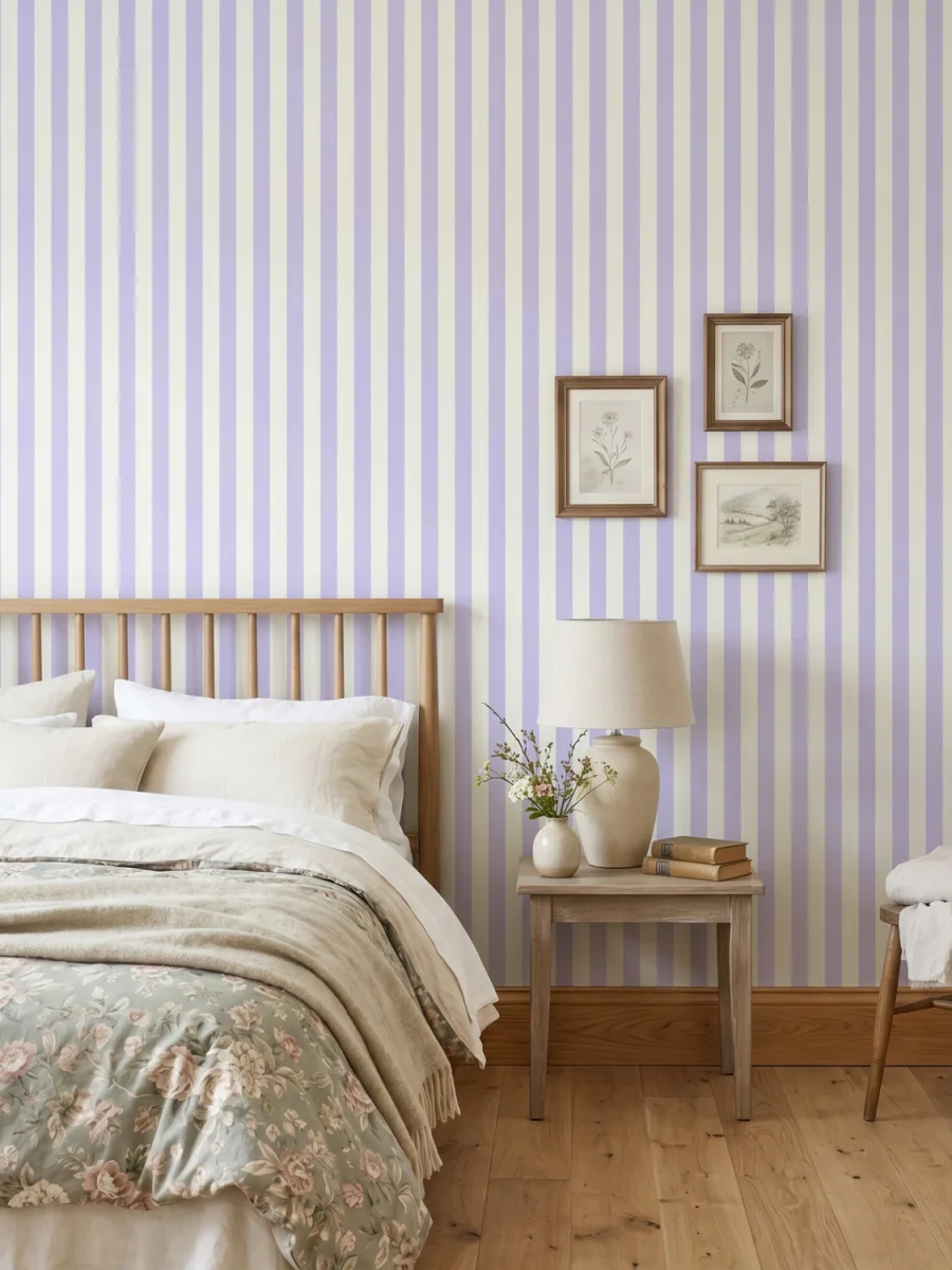 Dormitorio rústico con papel pintado de rayas lavanda y blanco roto | Villette