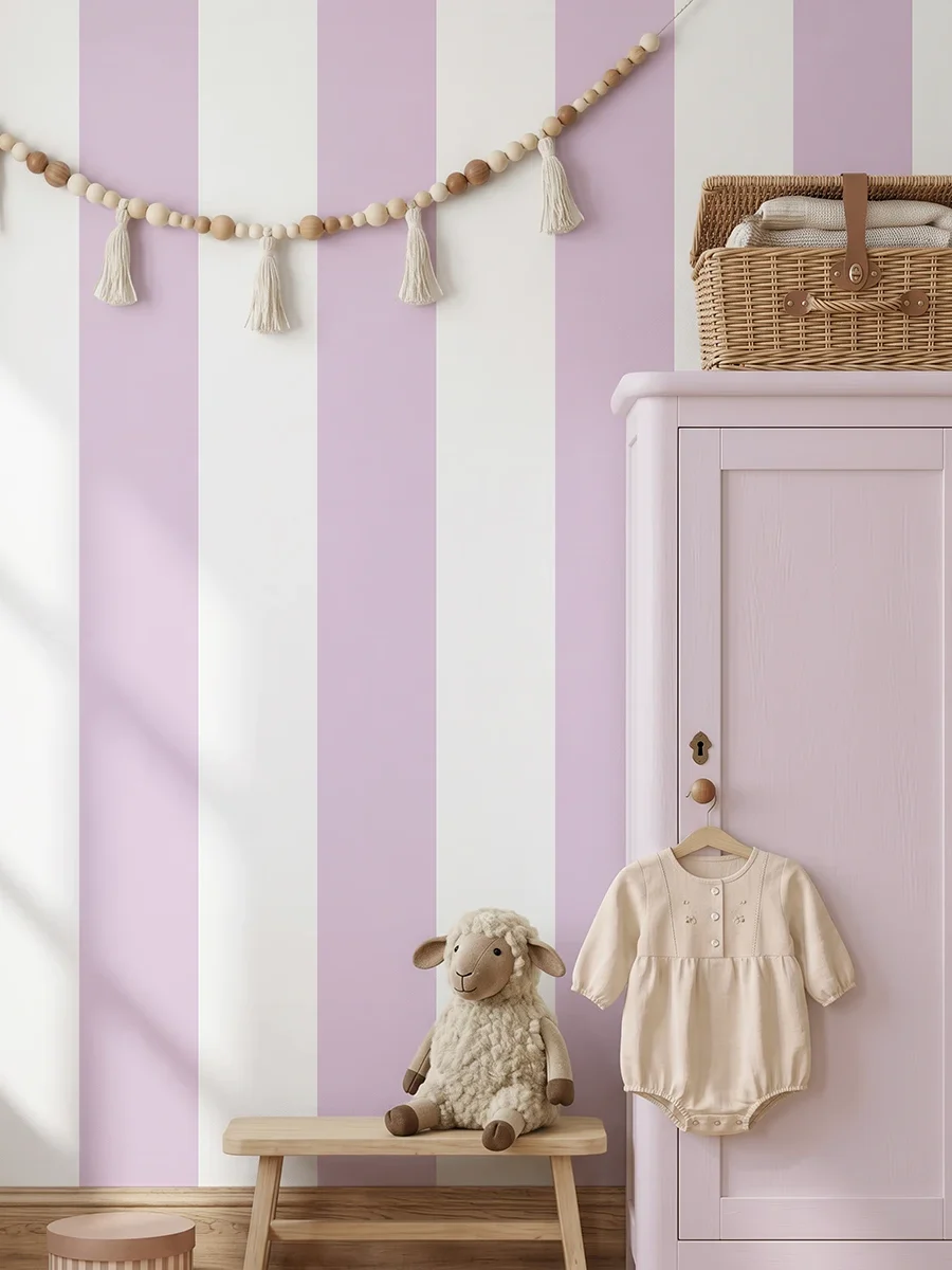 Godella, papel pintado de rayas lavanda y blanco, a escala maxi en habitación infantil con un armario alto de madera, del cual cuelga un mameluco beige en una percha. Delante de la pared hay un banco de madera con un peluche de oveja y una cesta de mimbre sobre el armario, todo decorado con una guirnalda de borlas de cuerda en la parte superior que aporta un toque artesanal y tierno..