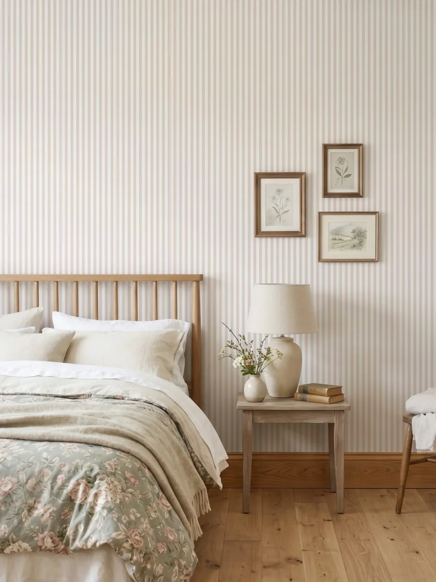Dormitorio con papel pintado de rayas rosa empolvado y blanco | Escala Pequeña | Villette