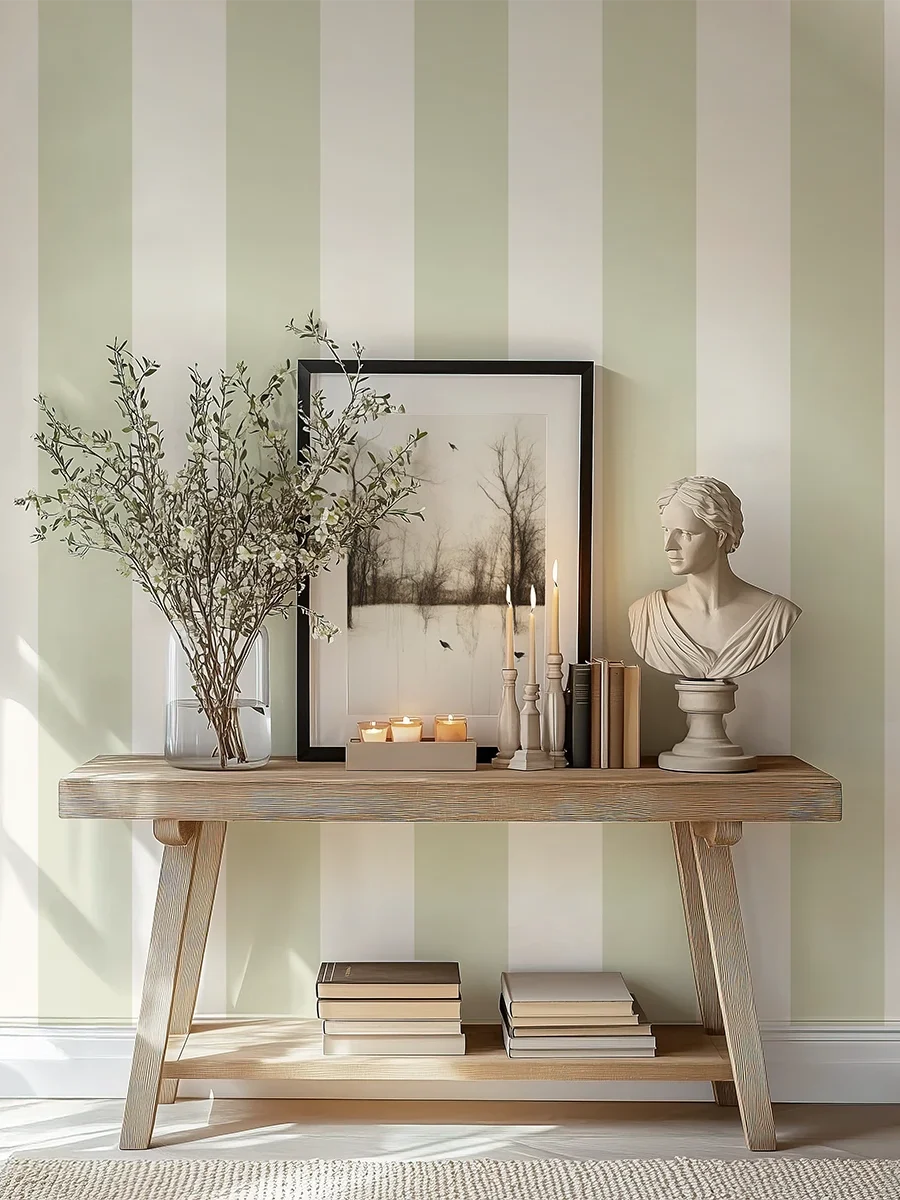 Modelo Della, papel pintado de rayas verde salvia y marfil, a escala maxi en pasillo o recibidor con consola de madera, decorada con un marco grande con una fotografía de un paisaje y otros elementos decorativos.