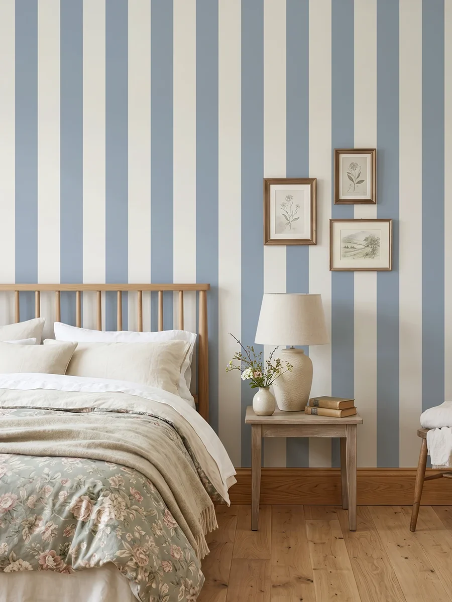 Modelo Della, papel pintado de rayas azul empolvado y blanco lino, a escala grande en dormitorio con cama, mesilla, butaca y elementos decorativos junto a la zona de descanso.