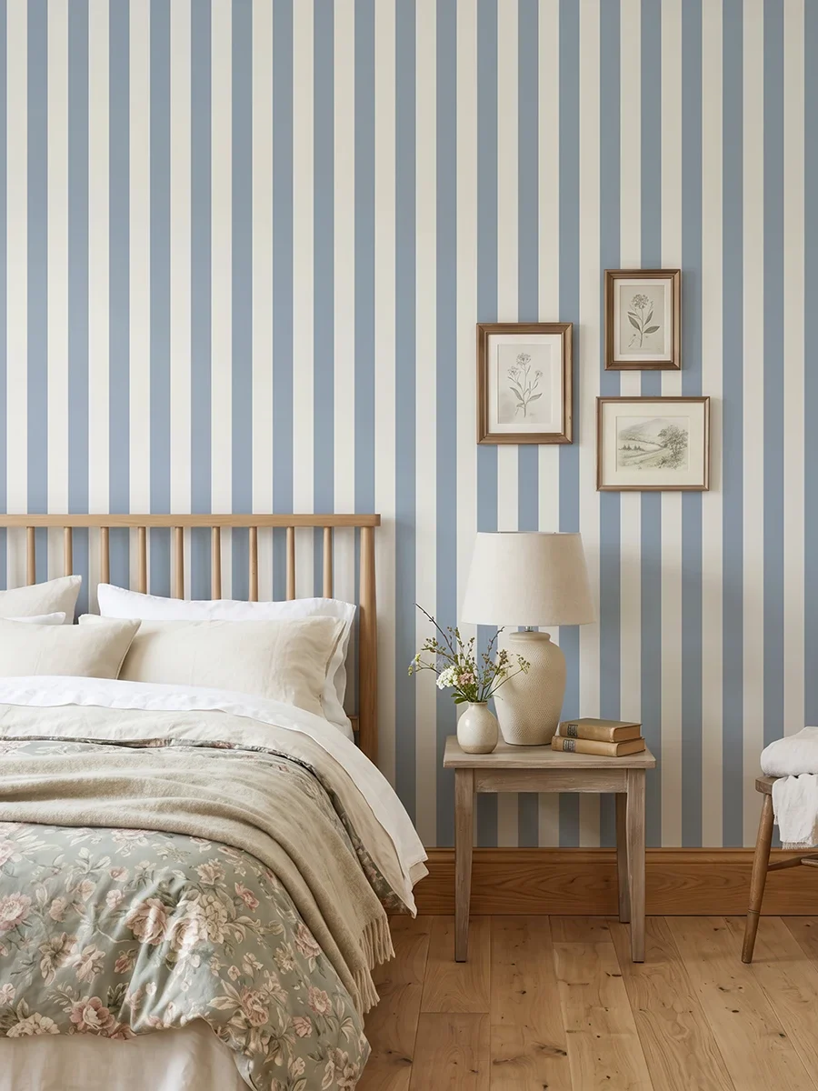 Modelo Della, papel pintado de rayas azul empolvado y blanco lino, a escala mediana en dormitorio con cama, mesilla, butaca y elementos decorativos junto a la zona de descanso.