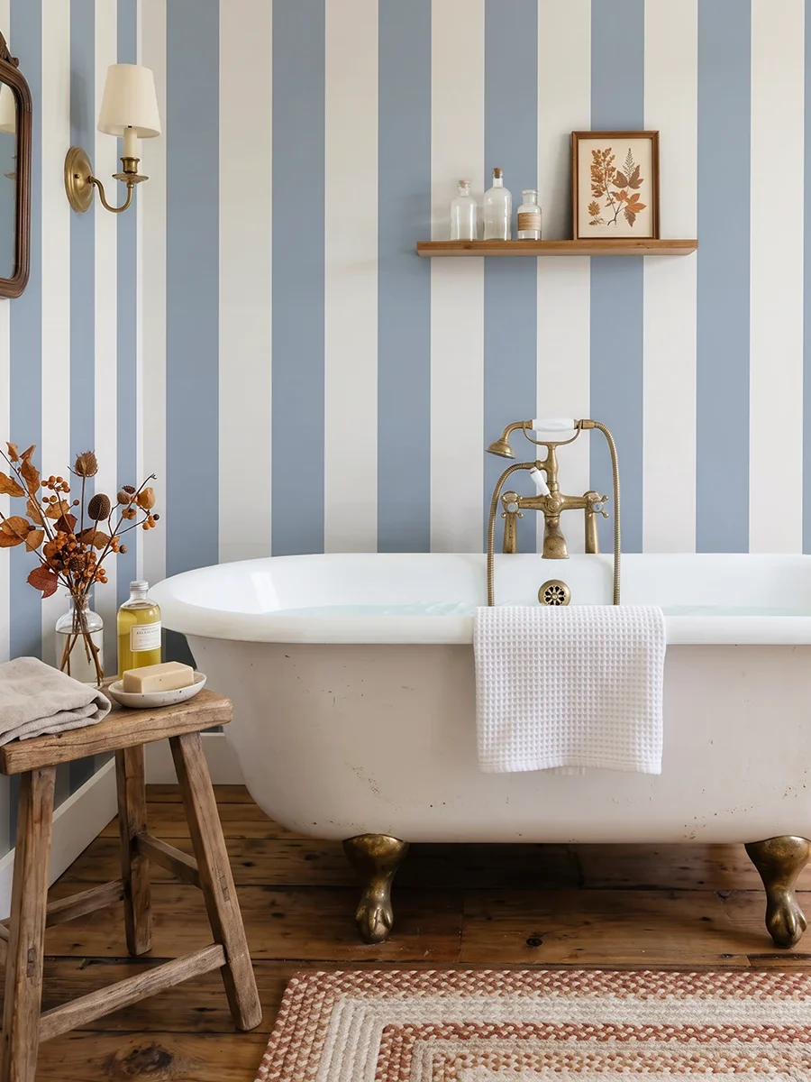 Modelo Della, papel pintado de rayas azul empolvado y blanco lino, a escala maxi en baño elegante y vintage con una bañera exenta de estilo clásico con patas de bronce, suelo de madera rústica, un pequeño taburete de madera con accesorios de baño y un aplique de luz clásico.