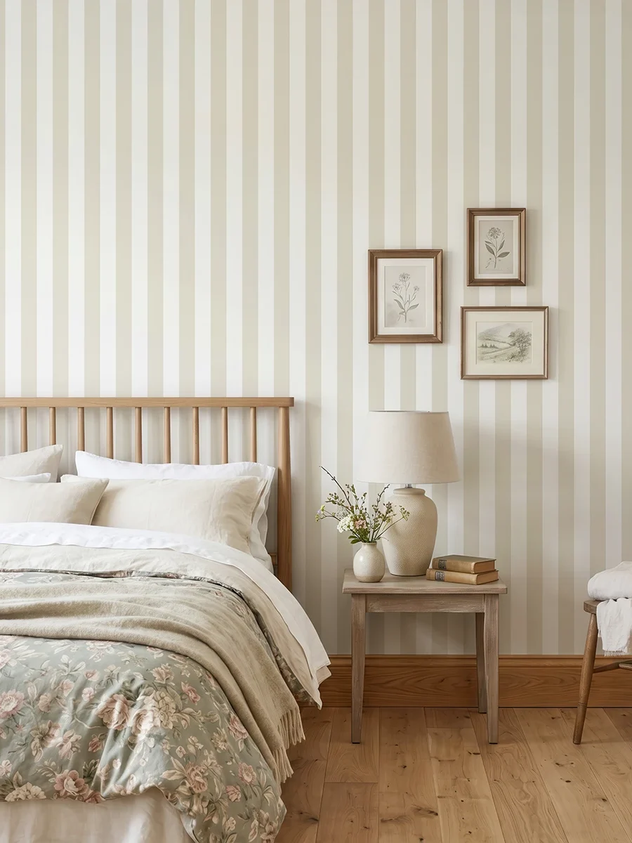 Modelo Della, papel pintado de rayas beige claro y blanco, a escala mediana en dormitorio con cama, mesilla, butaca y elementos decorativos junto a la zona de descanso.