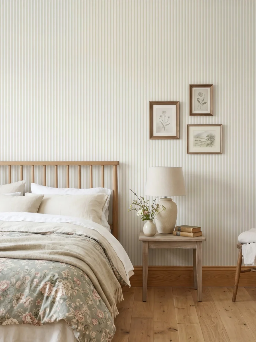 Dormitorio rústico con papel pintado de rayas beige nube y blanco | Escala pequeña | Villette