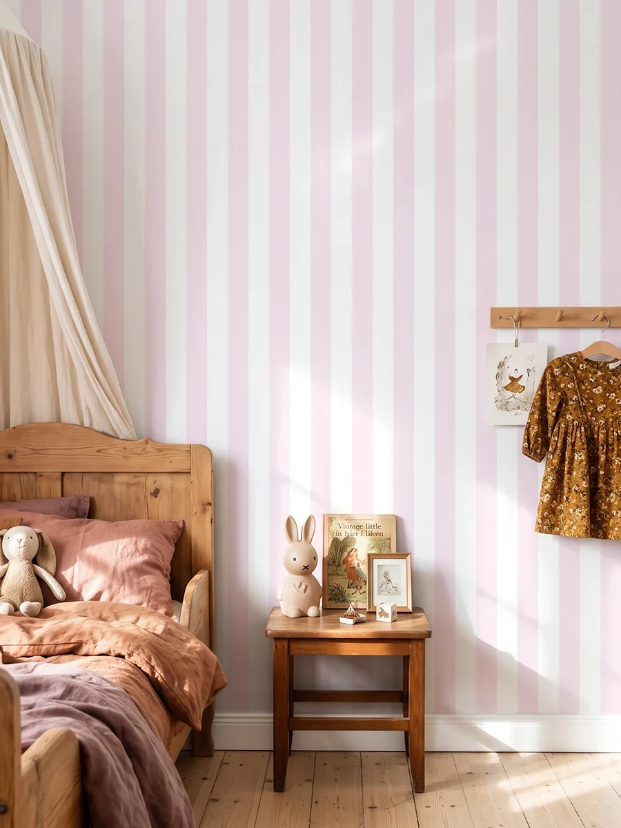 Modelo Della, papel pintado de rayas rosa algodón de azúcar y blanco, a escala mediana en dormitorio infantil vintage con cama y mesilla de madera, dosel de tela cálida y elementos decorativos de estilo campestre.
