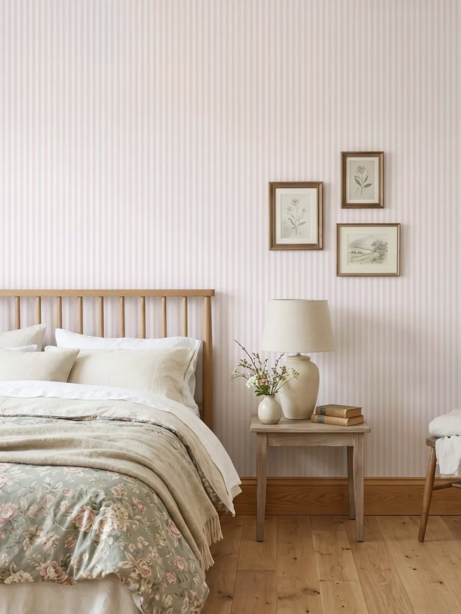 Dormitorio rústico con papel pintado de rayas rosa algodón de azúcar y blanco | Escala Pequeña| Villette