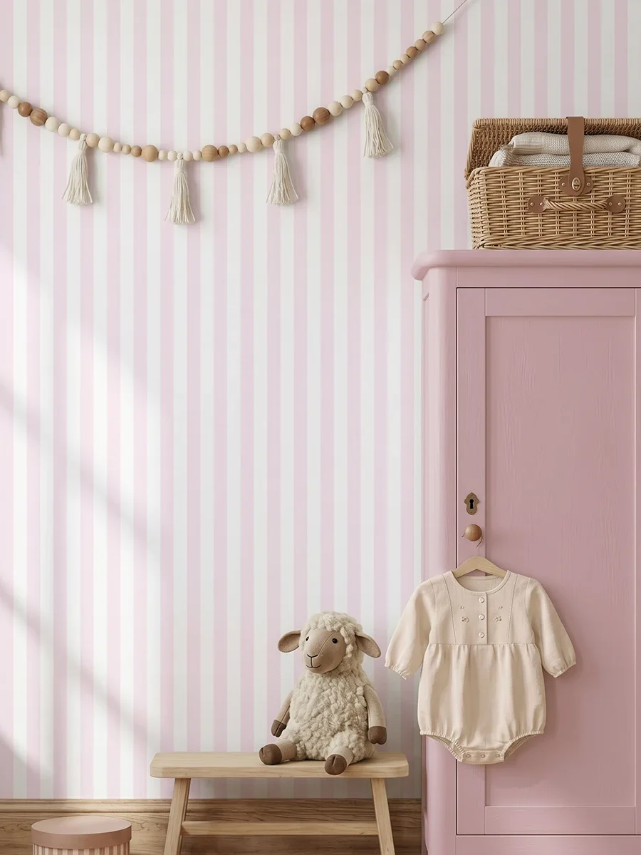 Modelo Della, habitación infantil decorada con los mismos cuadros negros con logotipos geométricos blancos sobre una pared clara. En la esquina derecha destaca un armario alto de madera pintado, del cual cuelga un mameluco beige en una percha. Delante de la pared hay un banco de madera con un peluche de oveja y una cesta de mimbre sobre el armario, todo decorado con una guirnalda de borlas de cuerda en la parte superior que aporta un toque artesanal y tierno.