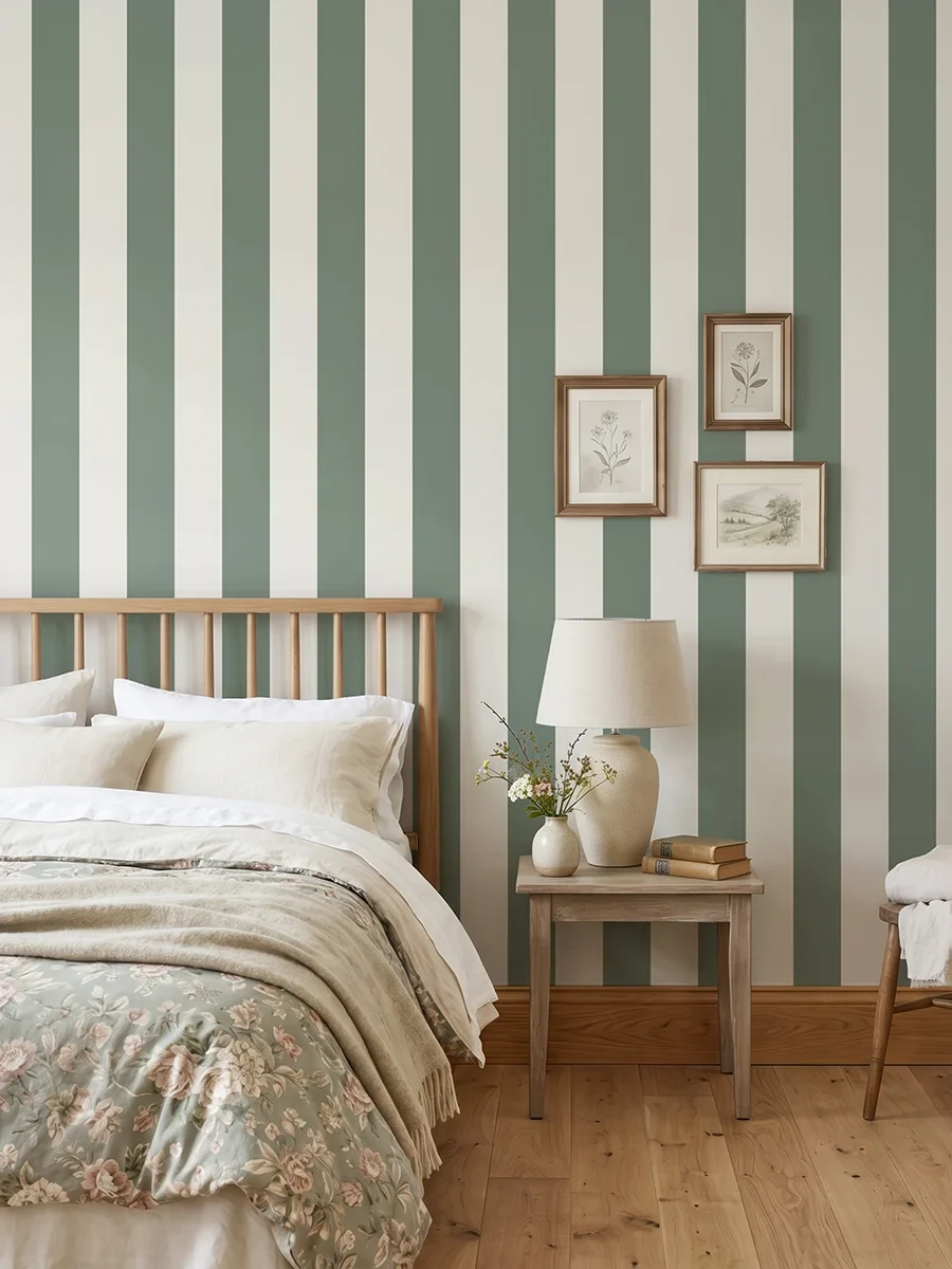 Modelo Della, papel pintado de rayas oliva y blanco lino, a escala grande en dormitorio con cama, mesilla, butaca y elementos decorativos junto a la zona de descanso.
