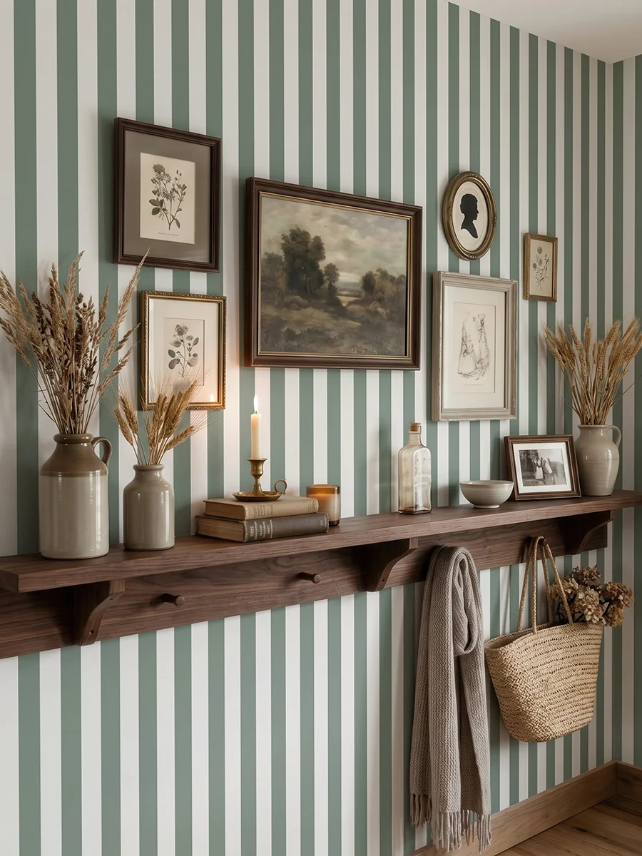 Modelo Della, papel pintado de rayas oliva y blanco lino, a escala mediana en recibidor de estilo rústico con consola de madera flotante y pared decorada con cuadros y elementos decorativos campestres.