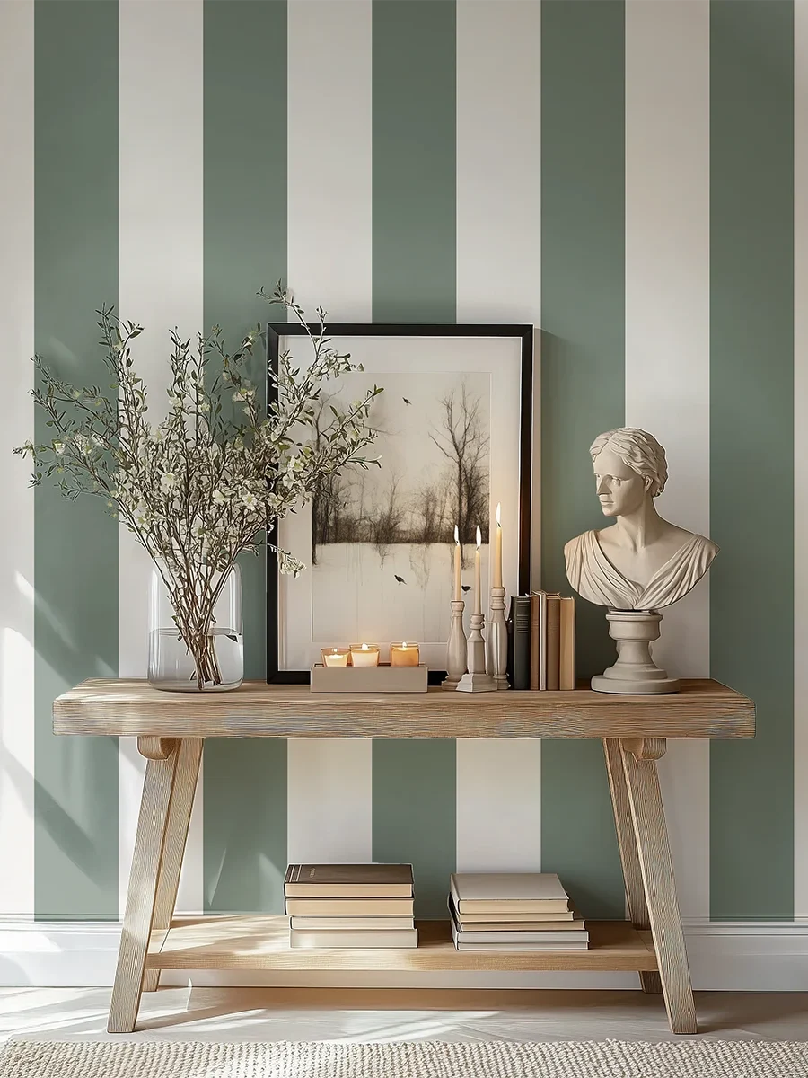 Modelo Della, papel pintado de rayas oliva y blanco lino, a escala maxi en pasillo o recibidor con consola de madera, decorada con un marco grande con una fotografía de un paisaje y otros elementos decorativos.