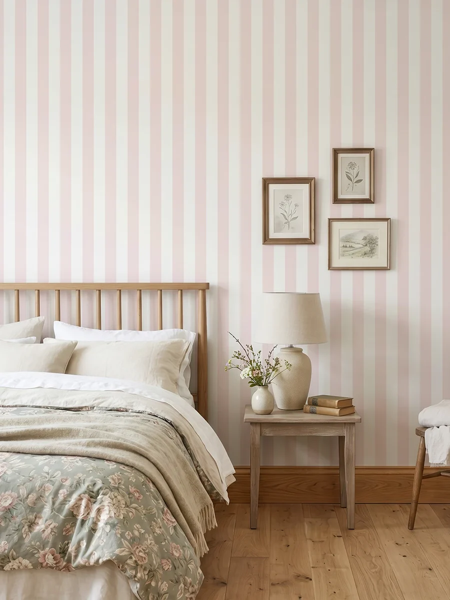 Modelo Della, papel pintado de rayas rosa nude y blanco, a escala mediana en dormitorio con cama, mesilla, butaca y elementos decorativos junto a la zona de descanso.
