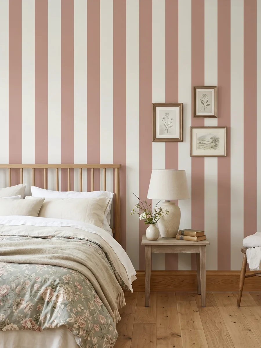 Modelo Della, papel pintado de rayas siena y blanco lino, a escala grande en dormitorio con cama, mesilla, butaca y elementos decorativos junto a la zona de descanso.