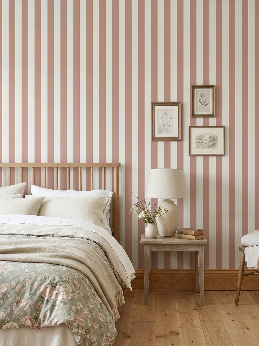 Modelo Della, papel pintado de rayas siena y blanco lino, a escala mediana en dormitorio con cama, mesilla, butaca y elementos decorativos junto a la zona de descanso.