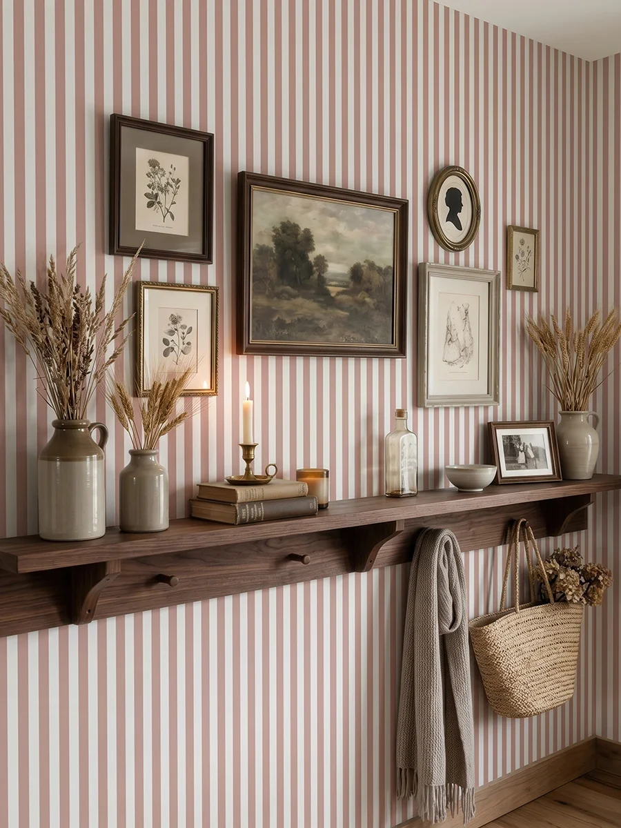 Modelo Della, papel pintado de rayas siena y blanco lino, a escala pequeña en recibidor de estilo rústico con consola de madera flotante y pared decorada con cuadros y elementos decorativos campestres.