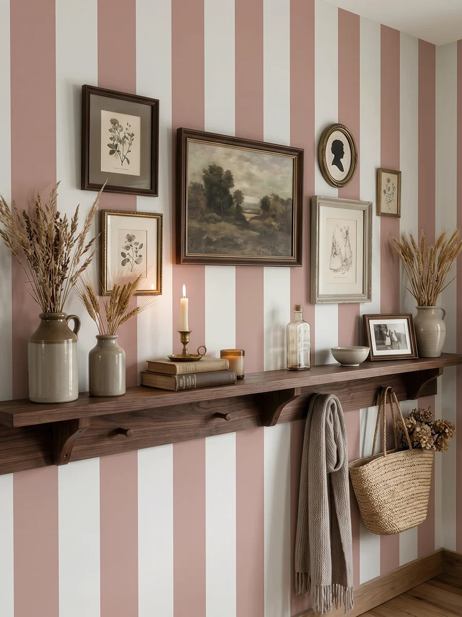 Modelo Della, papel pintado de rayas siena y blanco lino, a escala maxi en recibidor de estilo rústico con consola de madera flotante y pared decorada con cuadros y elementos decorativos campestres.