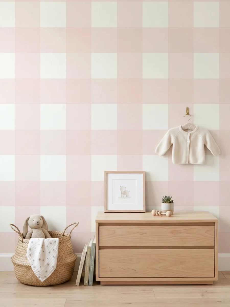 Habitación infantil con modelo Anna, papel pintado de cuadros, rosa algodón de azúcar y blanco
