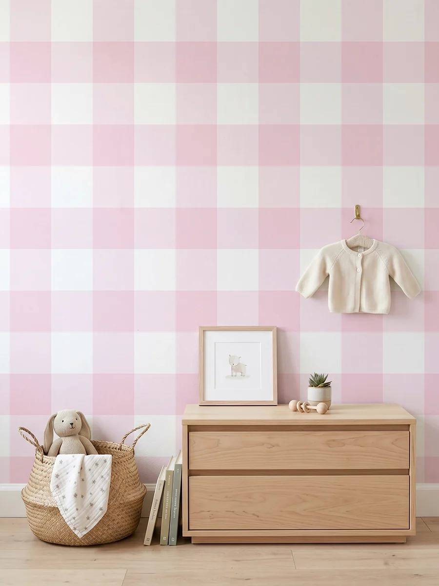 Anna, papel pintado vichy rosa algodón de azúcar y blanco, a escala grande en habitación infantil con cómoda, elementos decorativos y mobiliario de estilo natural.
