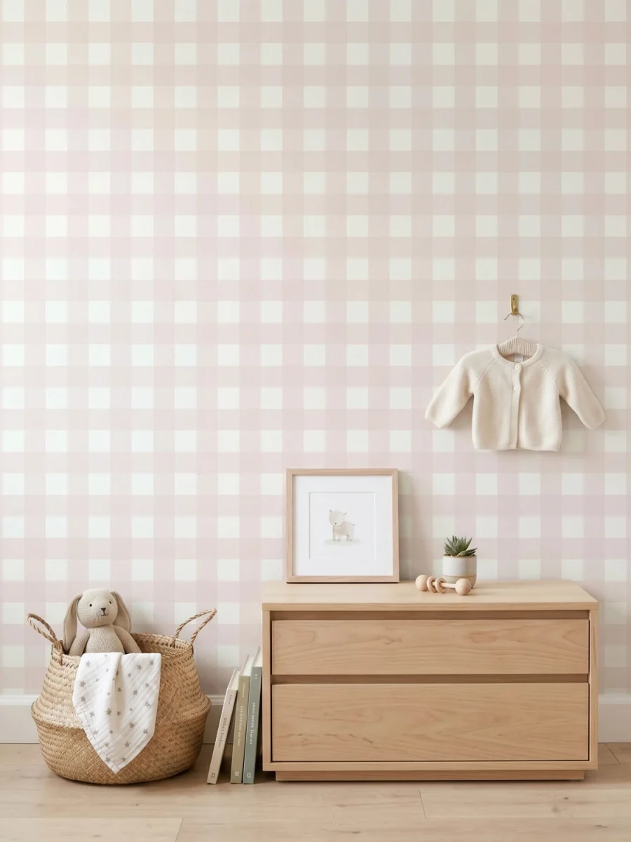 Dormitorio infantil/ romántico con modelo Anna, papel pintado de cuadros, rosa algodón de azúcar y blanco, escala grande M
