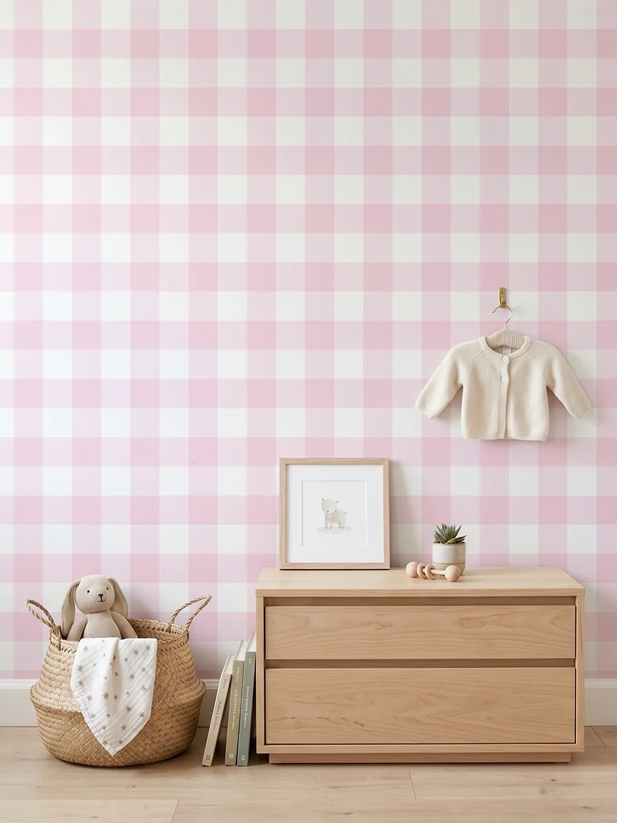 Anna, papel pintado vichy rosa algodón de azúcar y blanco, a escala mediana en habitación infantil con cómoda, elementos decorativos y mobiliario de estilo natural.