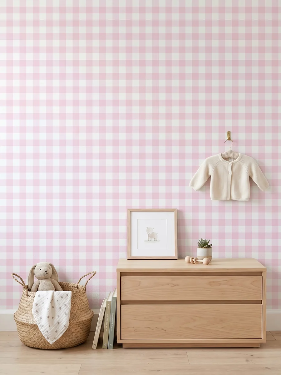 Anna, papel pintado vichy rosa algodón de azúcar y blanco, a escala pequeña en habitación infantil con cómoda, elementos decorativos y mobiliario de estilo natural.