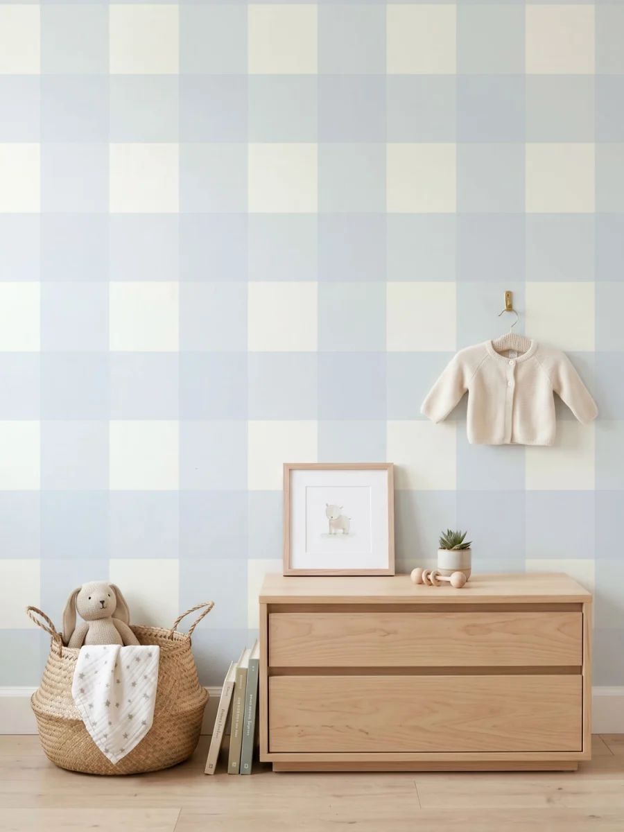 Habitación infantil, con modelo Anna, papel pintado de cuadros, azul celeste y blanco
