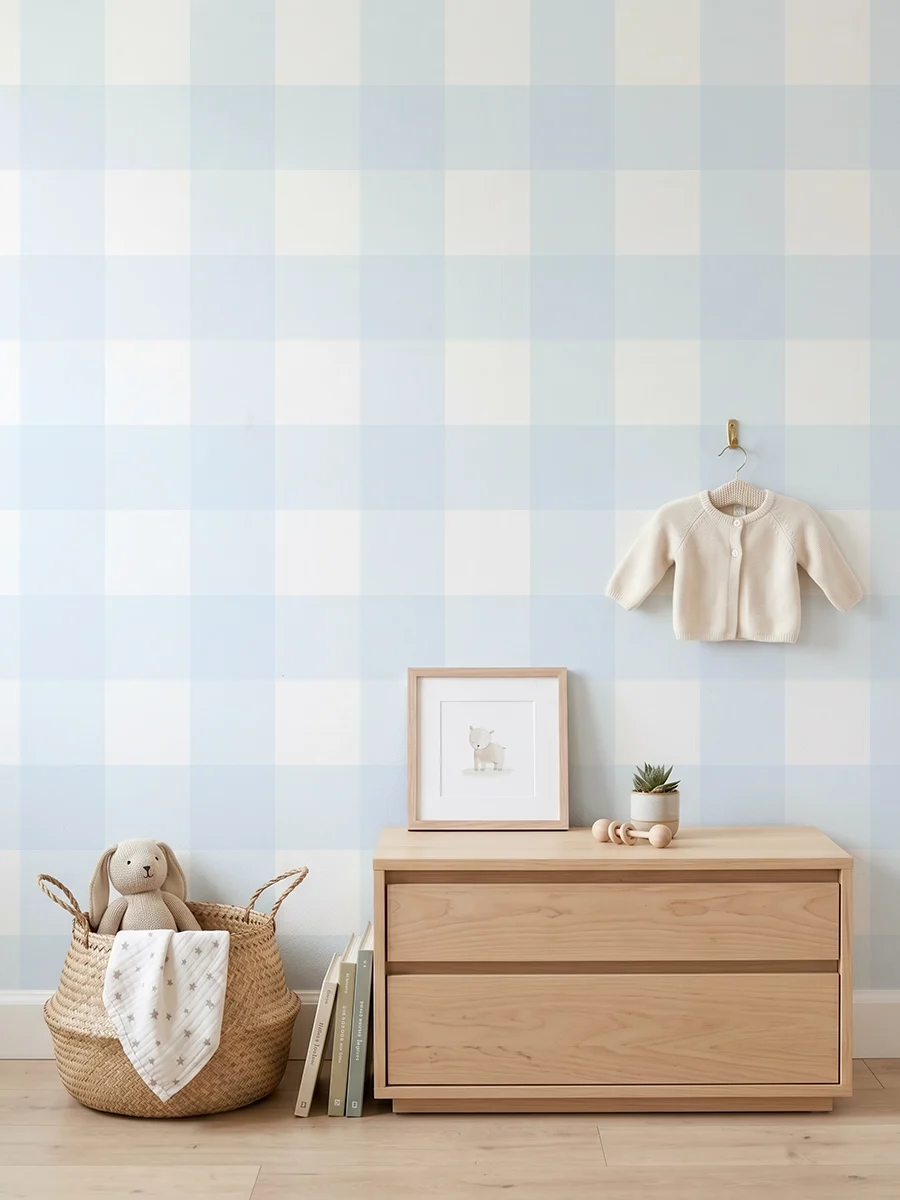 Anna, papel pintado vichy azul celeste y blanco, a escala grande en habitación infantil con cómoda, elementos decorativos y mobiliario de estilo natural.