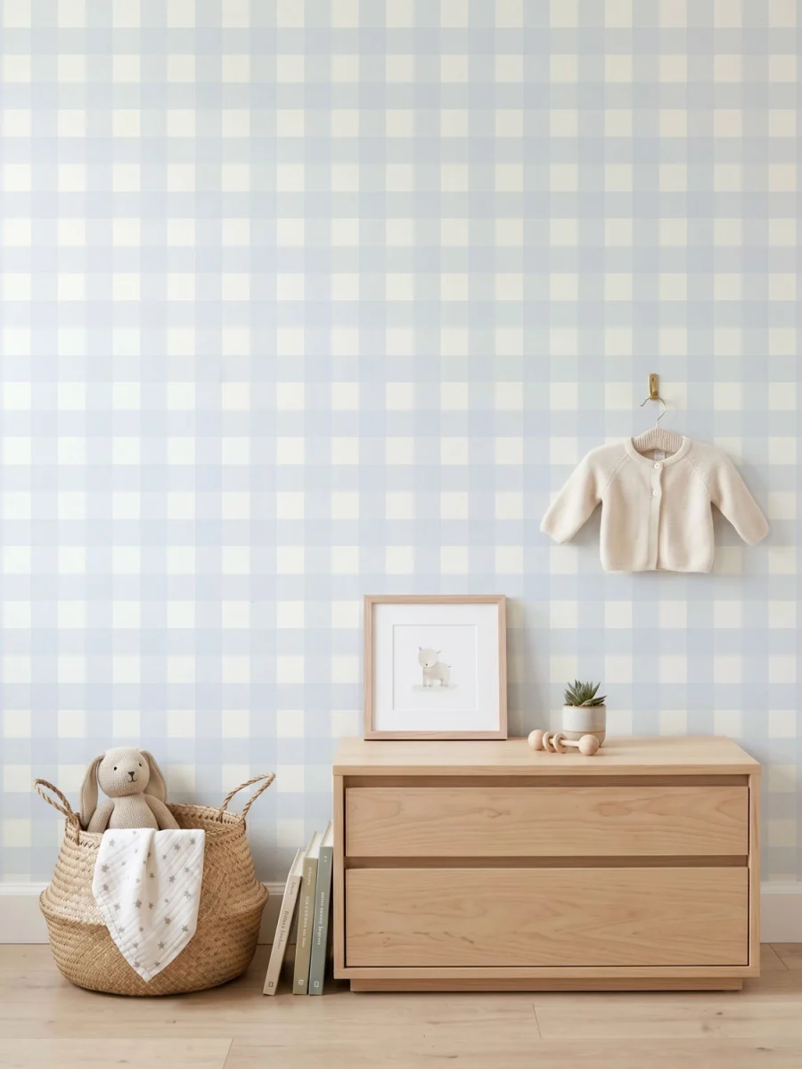 Habitación infantil, con modelo Anna, papel pintado de cuadros, azul celeste y blanco, escala media